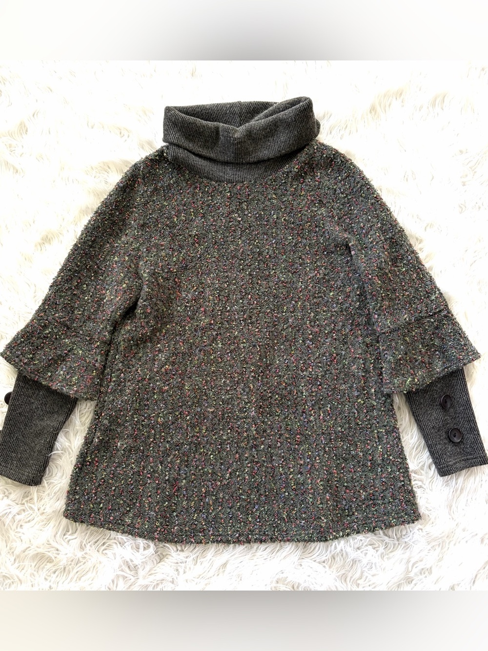 Green Tweed Turtleneck Coat with Button Cuffs